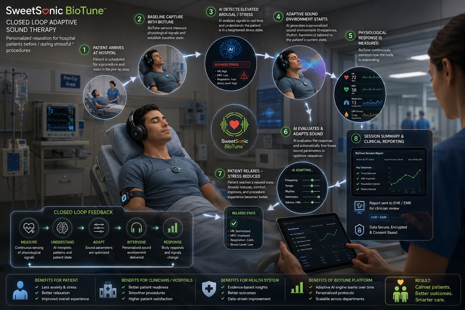 Concept illustration of a possible future BioTune™ wearable and adaptive sound workflow in a hospital setting