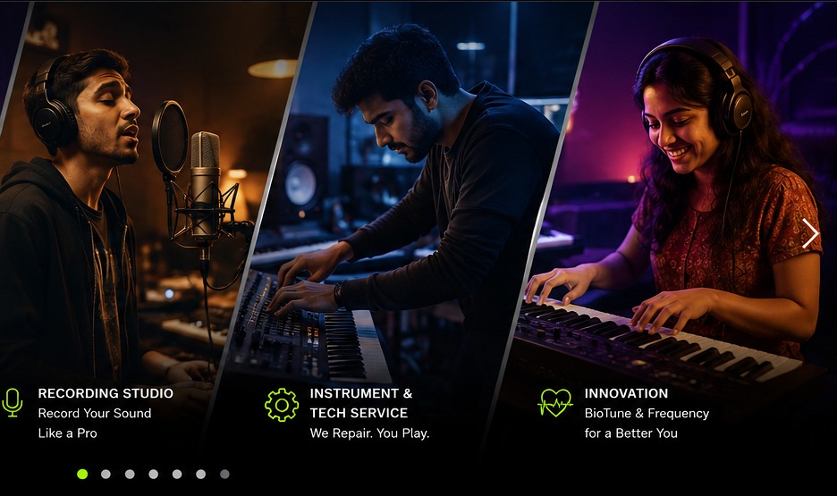 Indian musicians working with keyboards and music technology in a studio